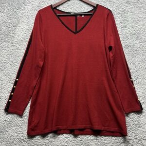 Soft Surroundings Sweater Top Large Red BlackGold Button Detail V Neck Pullover